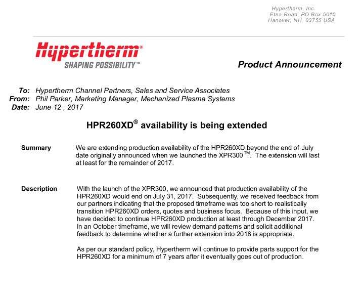HPR260XDの生産終了が延期されました